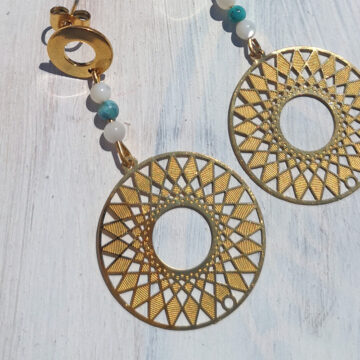 Edelstahl Ohrstecker mit türkis und perlmutt und einem boho anhänger vergoldet